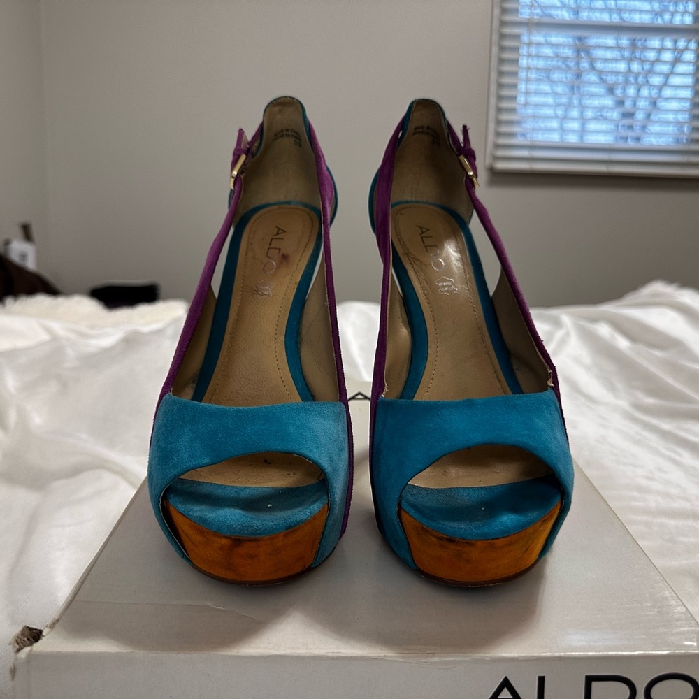 Aldo Teal and Purple High Heels with Orange Accents - Picture 6 of 6